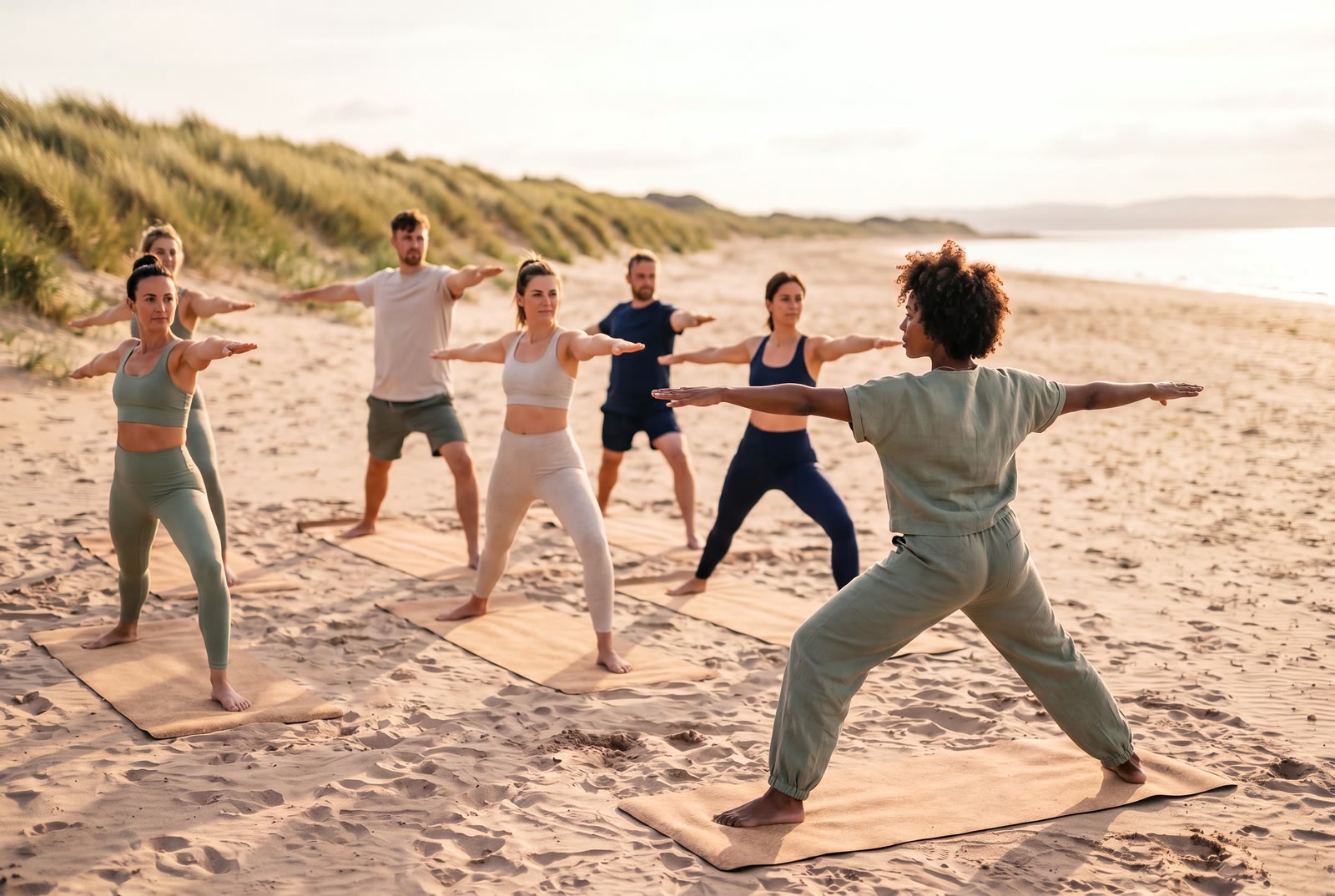 A teacher leads a small beach class in warrior two on cork mats, dunes behind and the sea beyond