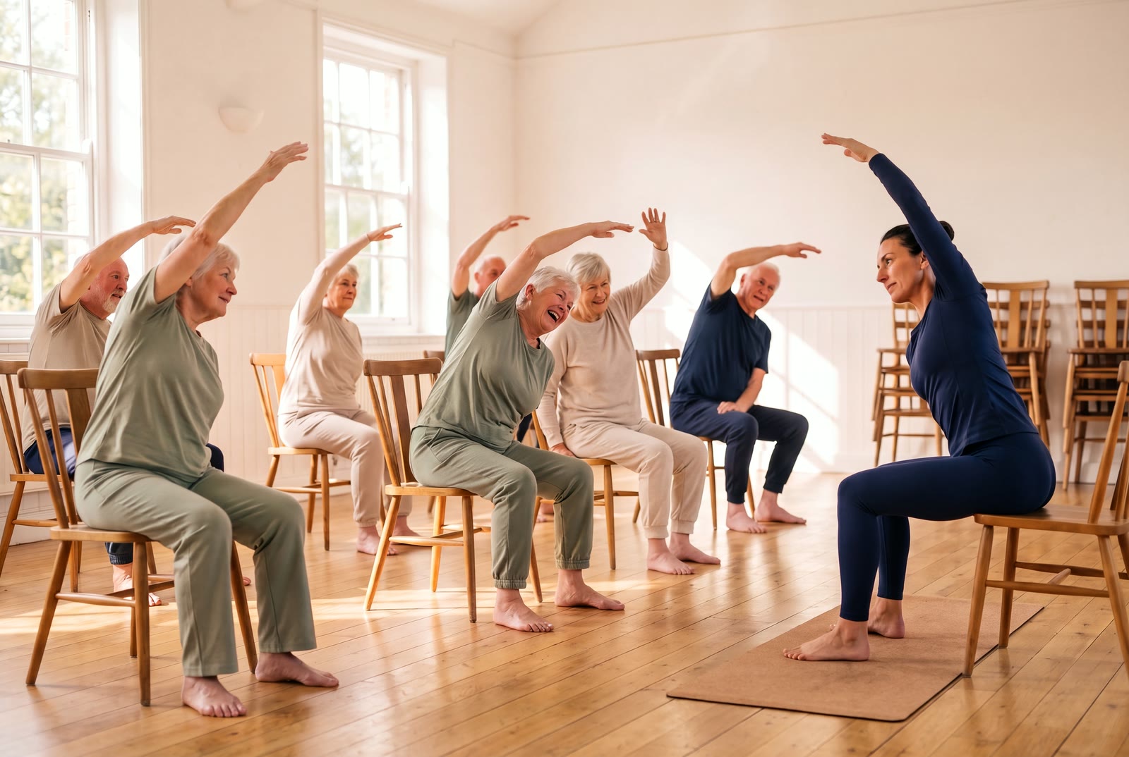A chair-based class reaches into a side stretch in a sunlit hall