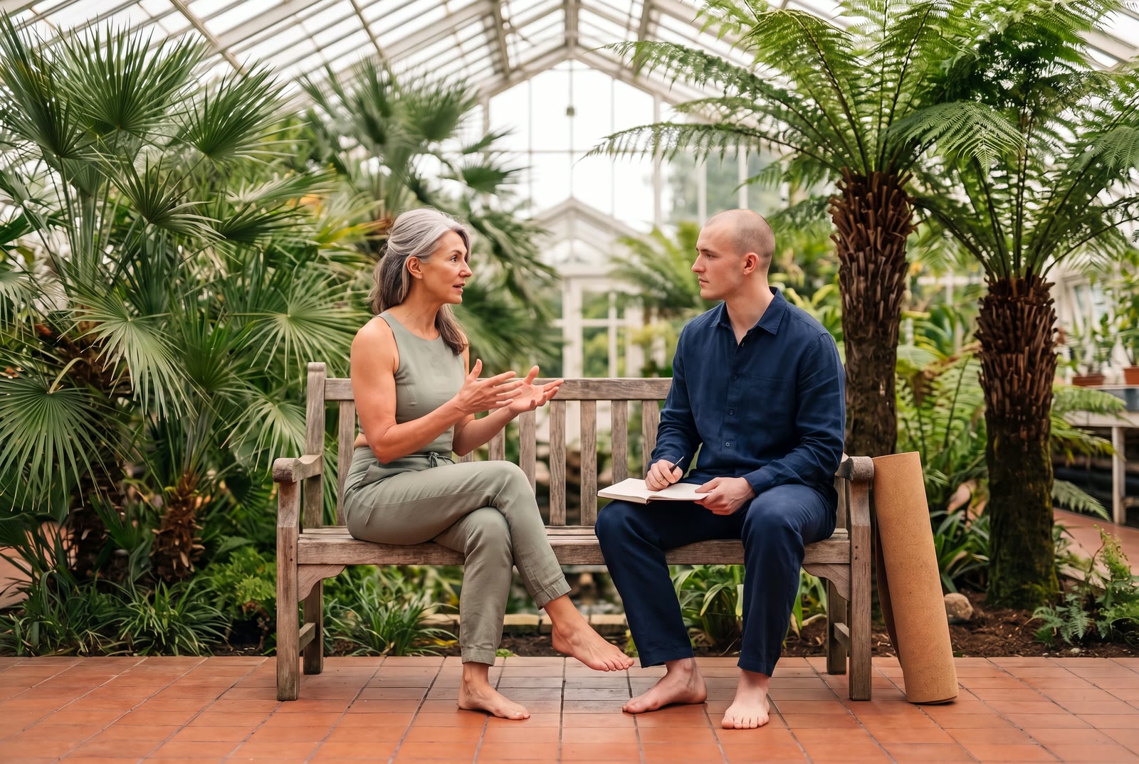 A teacher and a student talk through a plan on a bench in a glasshouse