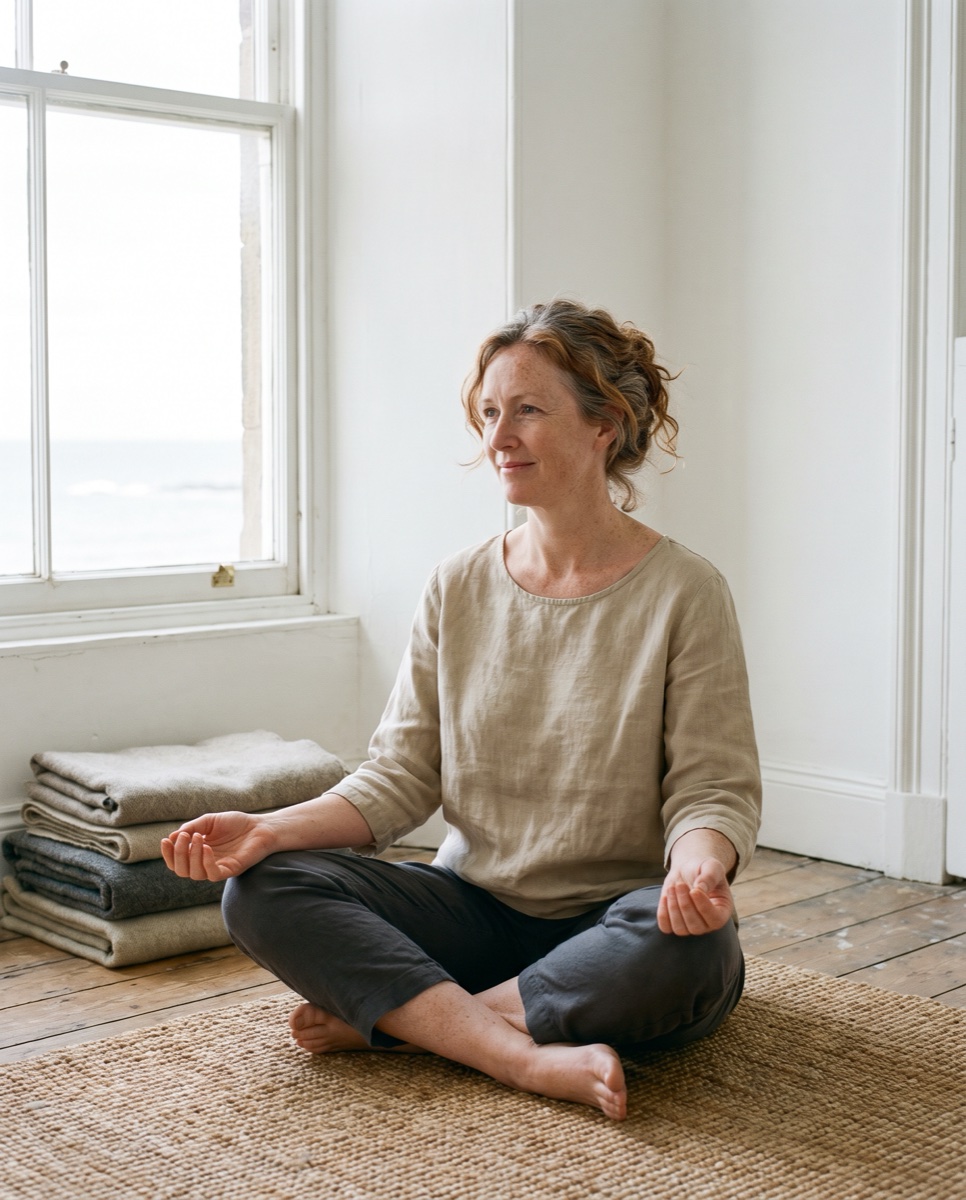 Portrait of Mairi Fraser seated on a mat in the loft, sea light through the window