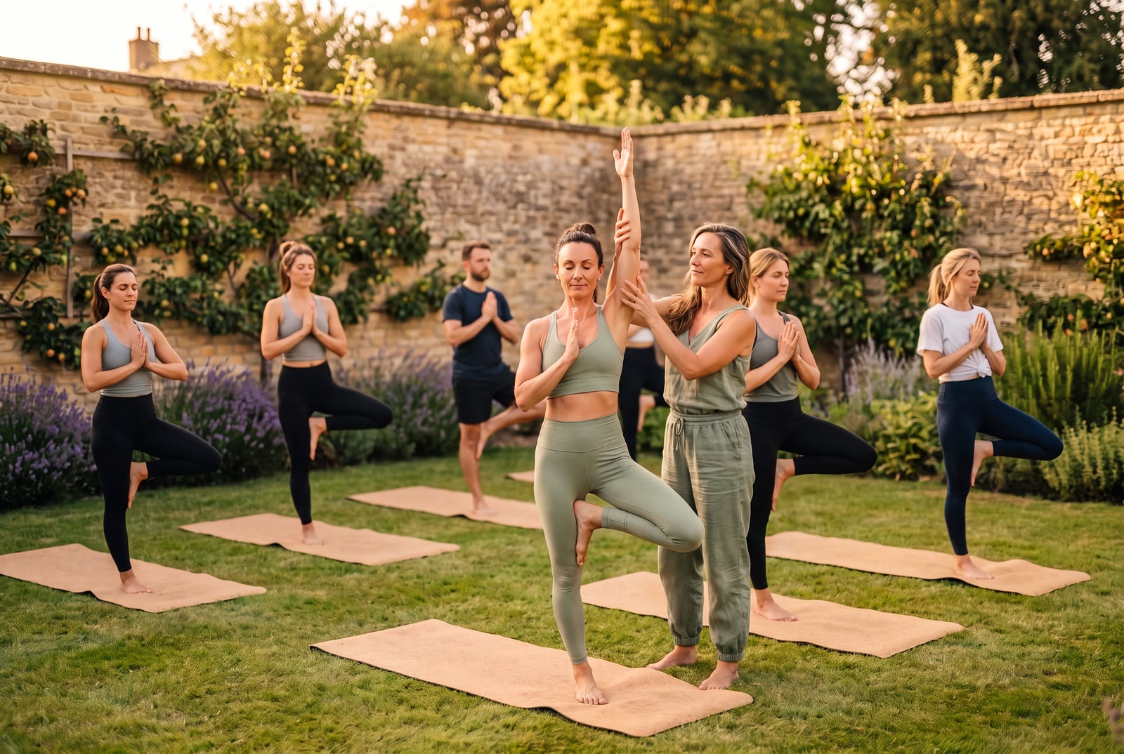 A teacher steadies a student in tree pose during a summer class in a walled garden